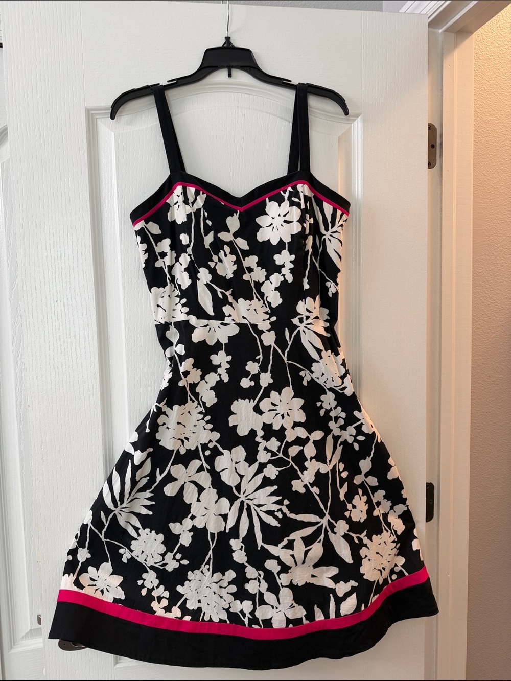 Black & White Floral Fit-and-Flare Mini Dress with Pink Trim